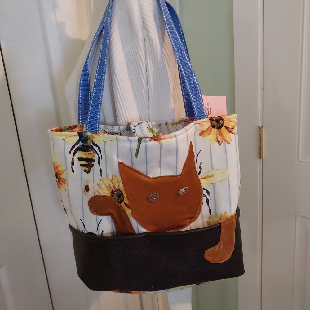 3390 Handmade Cat Themed Tote Bag in Gold , Black and Blue. 15" wide X 12"tall